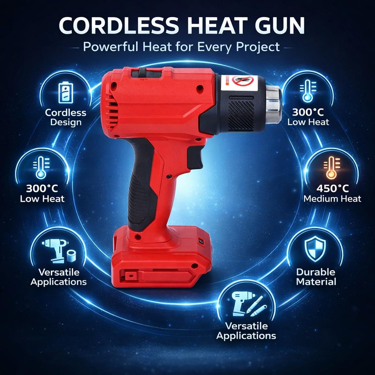 Cordless Heat Gun 20V Portable Handheld Heating Tool with Adjustable Temperature and 4 Nozzles - Fast Heating, Ergonomic Non - Slip Grip for Electronics, Shrink Wrap, Paint Remov (Red)