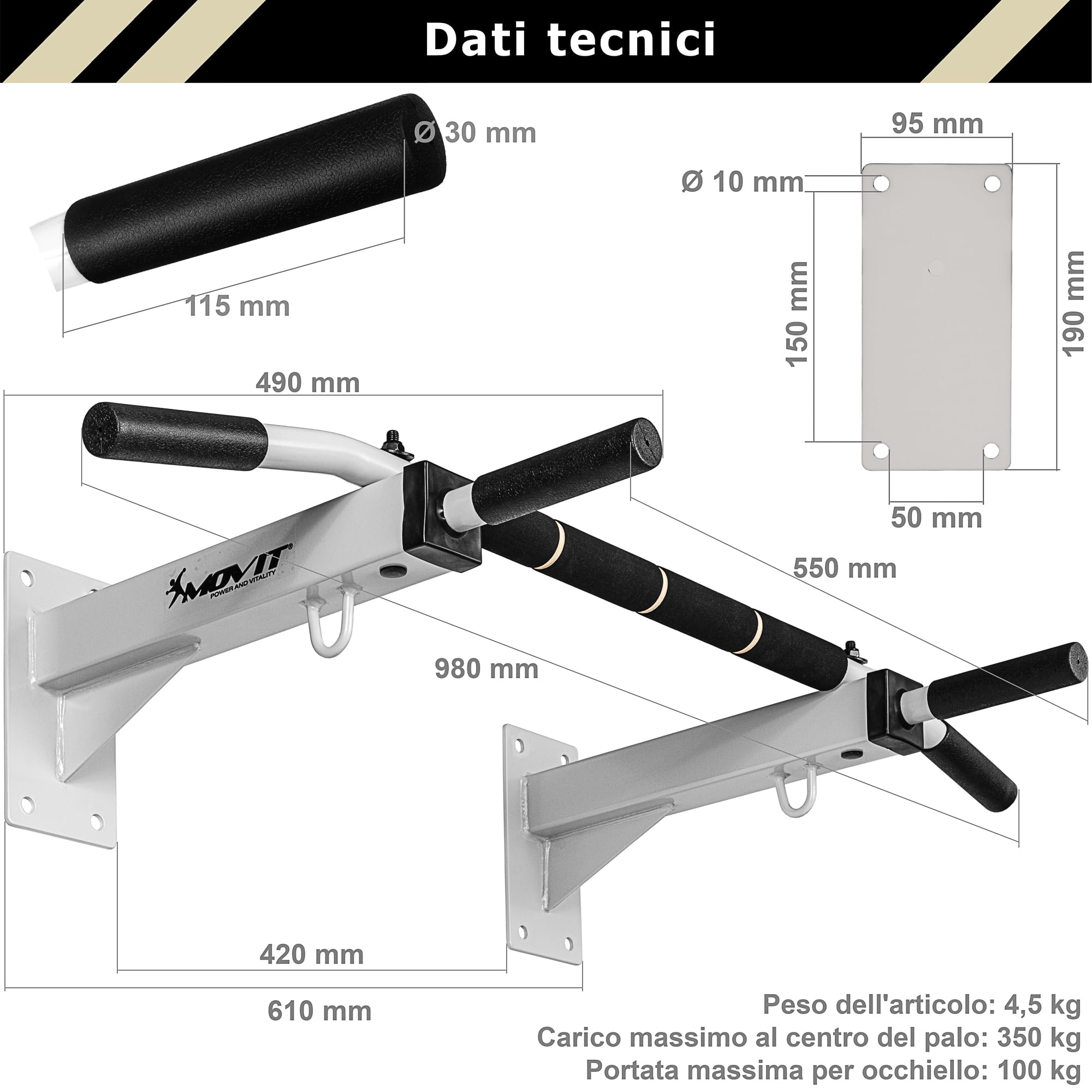 MOVIT Barra per Trazioni - a Muro, Professionale, Carico Massimo 350 kg, in Acciaio, Multifunzione, Antiscivolo, con Gancio e Viti - Sbarra per Sollevarsi, Allenamento, Fitness, Pull up Bar, Chin Up