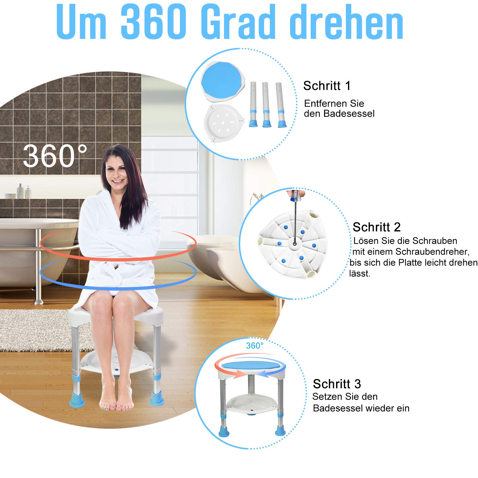 Froadp 360° Girevole Sgabelli da Bagno in Alluminio, Sedile da Doccia Senza Schienale, Sgabello Regolabile in Altezza, Sedia con Piedini Antiscivolo per Anziani Donne Incinte (Tipo C, Carico 200KG)
