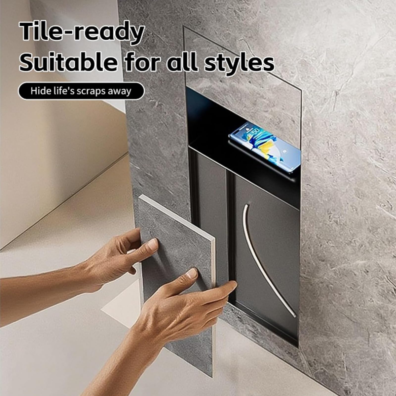 Nicho Oculto para Papel higiénico con Estante y Cubo de Basura, | Con cubo de basura oculto y soporte para papel higiénico,Requiere Panel (no Incluido),para reformas de Pared(Nero,24*64*14cm)