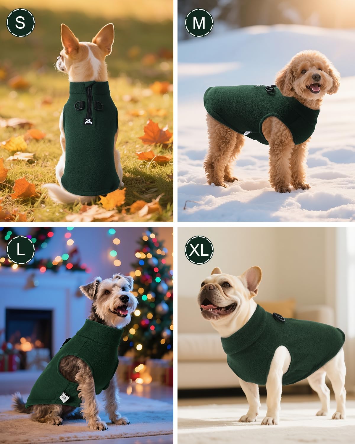 CuteBone Fleece Dog Vests Christmas Green with Turtleneck, Half Zip-Up & Pullover Winter Sweaters Shirts for Small & Medium Dogs - Warm Thermal Jackets with D-Ring, Ideal for Cold Weather DZBX04M