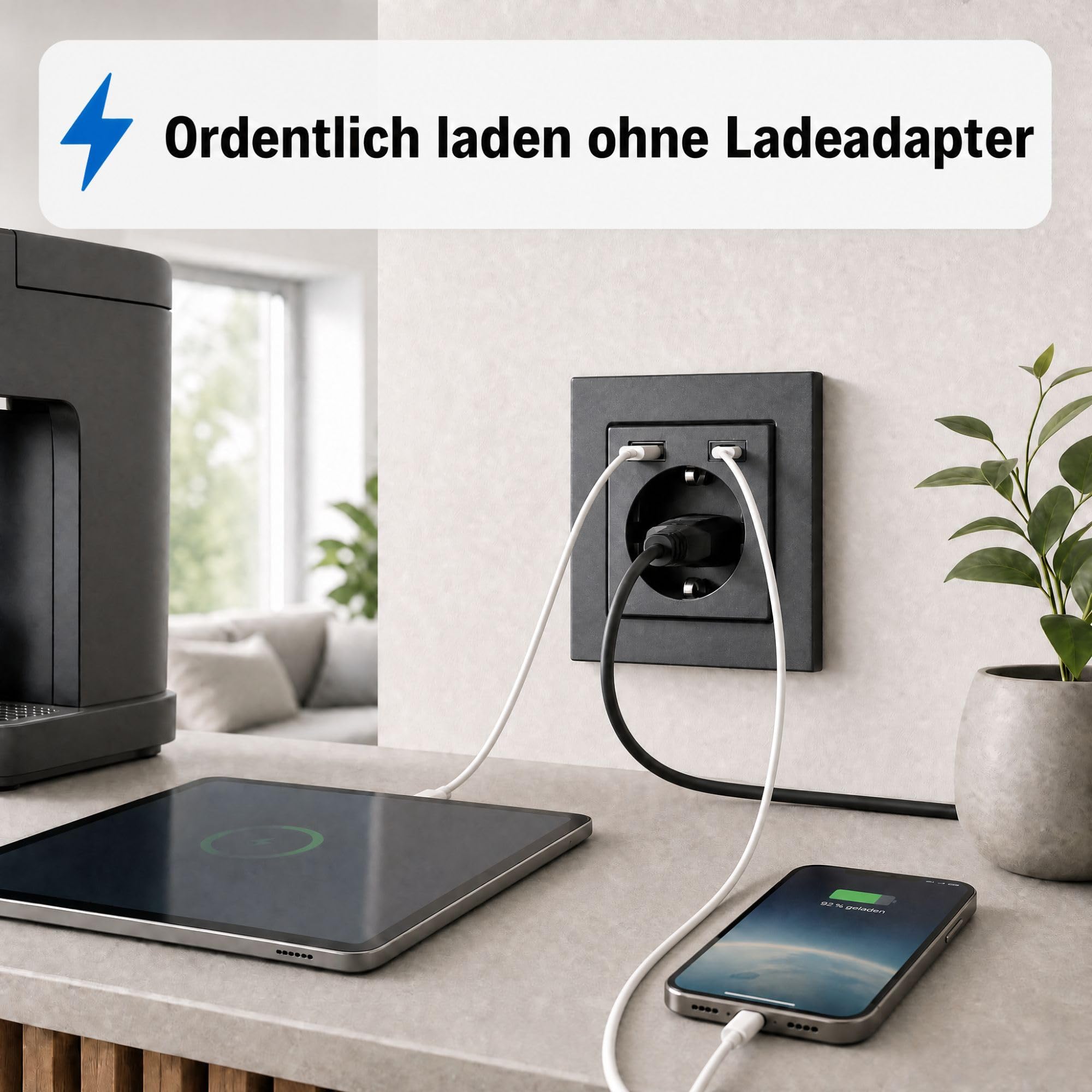 USB-Steckdose chargeMax unter Putz USB-A + USB-C mit Rahmen Ausführung 2USB, Tiefe nur 32mm, Set mit Abdeckung Gira E2 anthrazit