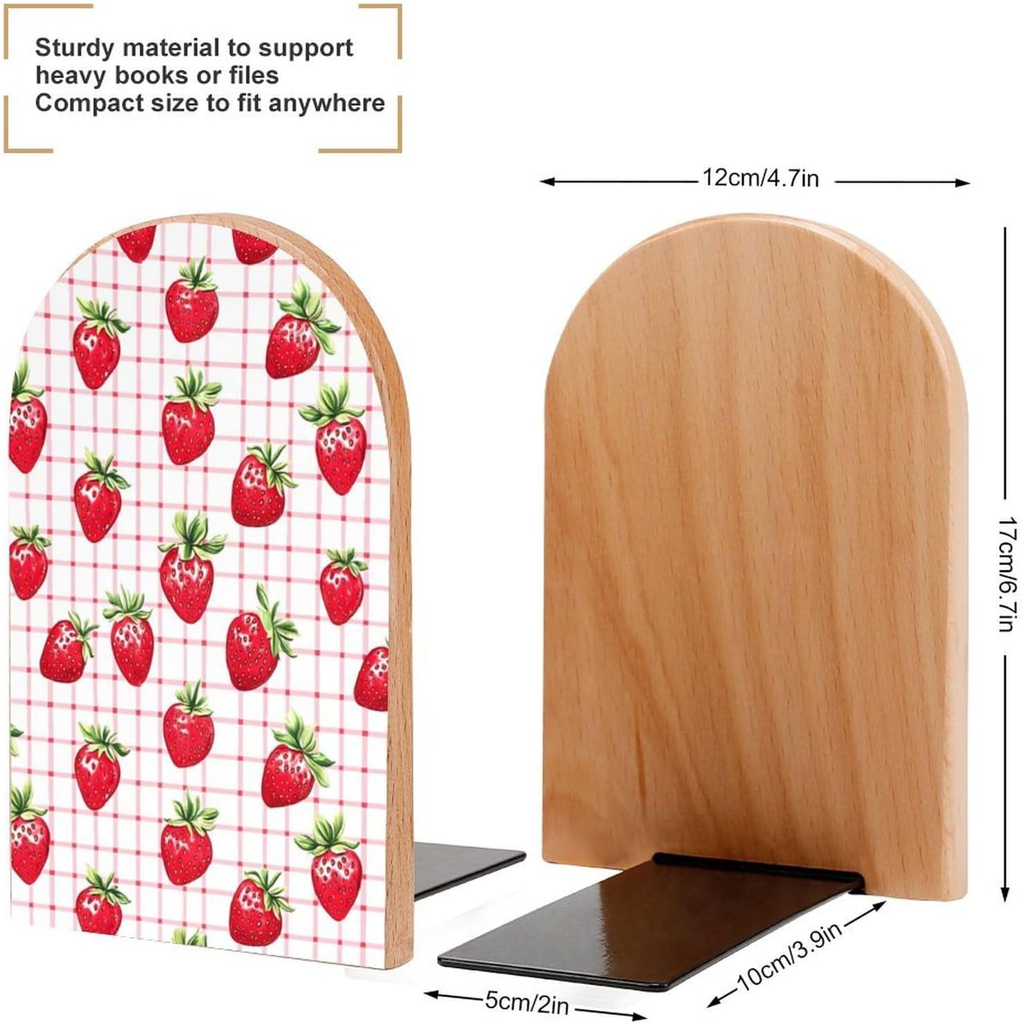 Gingham Pattern Strawberry Cute Wood Book Ends Decorative Bookends 1 Pair Non-Skid for Shelves Home Office 7 X 5 Inch