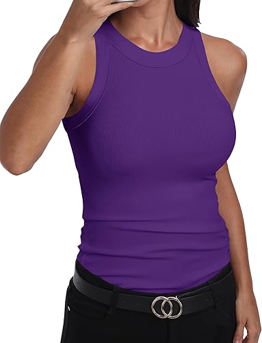 GEMBERA Camiseta sin mangas para mujer, cuello alto, casual, básica, de algodón, acanalada, ajustada