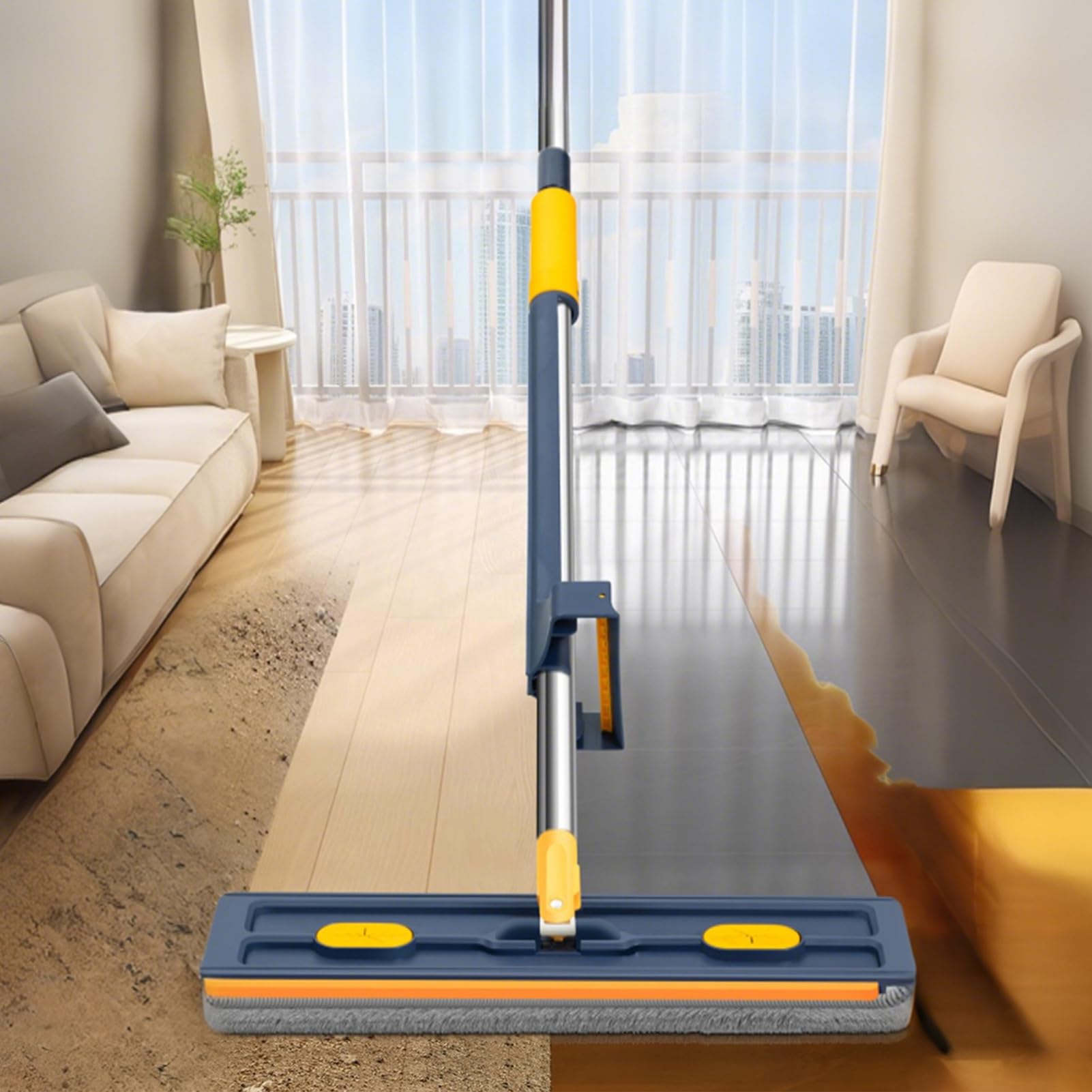Mopa Plana de Suelo 360° Giratorio en Seco y Húmedo | Limpiador De Suelos Con Raspador Mopa Atrapapolvo de Microfibra con Mango Largo para Cocina, Baño, Hogar, Suelos y