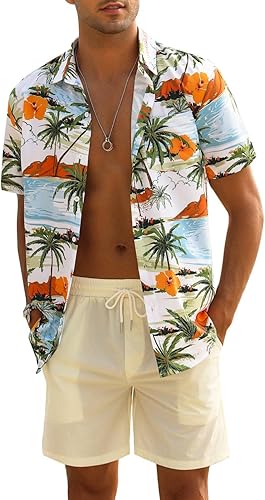 EISHOPEER Conjunto de camisa hawaiana para hombre, camisa de manga corta con botones y pantalones cortos de playa sólidos de secado rápido, tallas