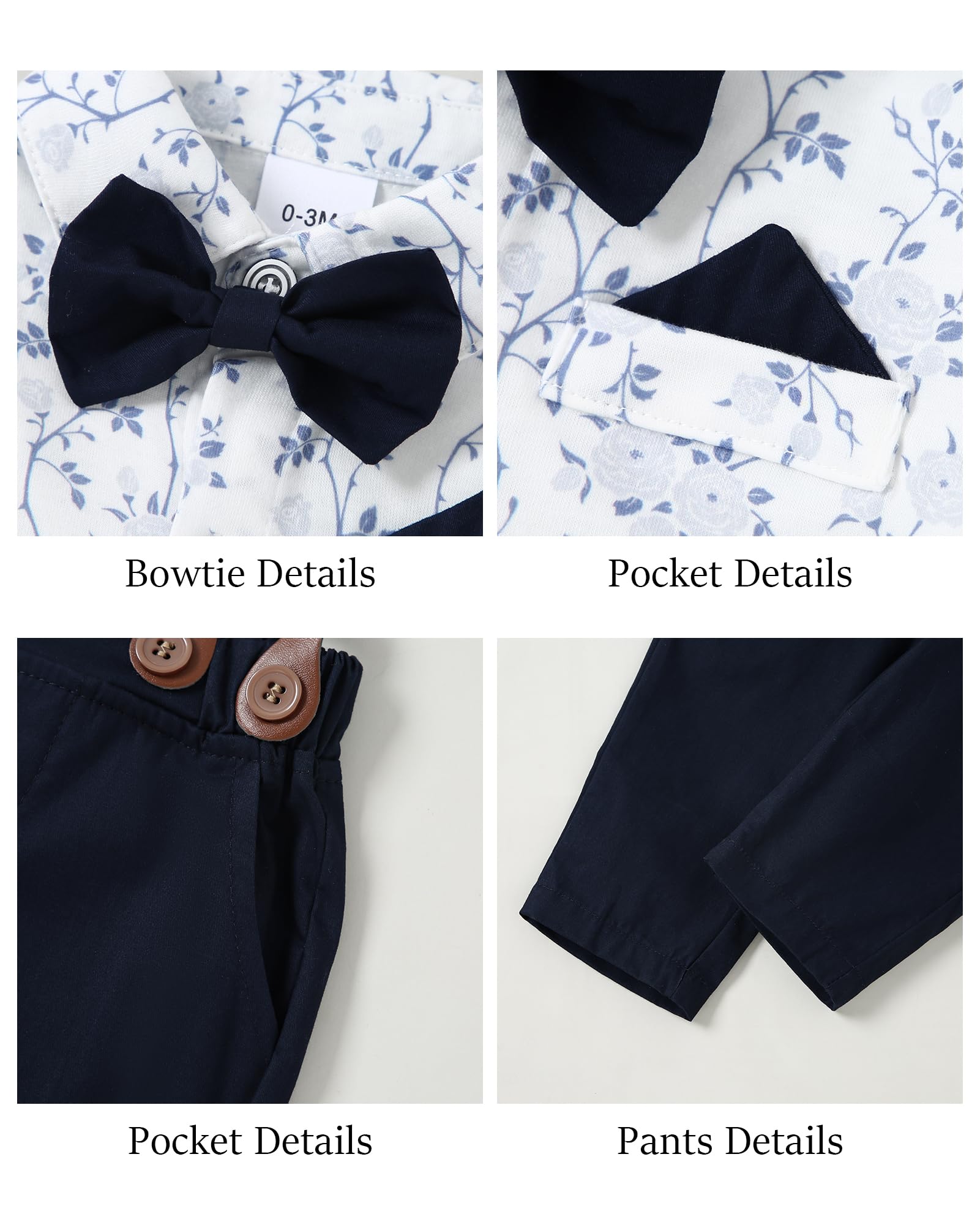 WESIDOM Conjunto de ropa para bebé niño de 0 a 18 meses, camisa, corbatín, boina, pantalones con tirantes, floral, azul marino, 12-18 meses, Floral+azul marino, 12-18 Months