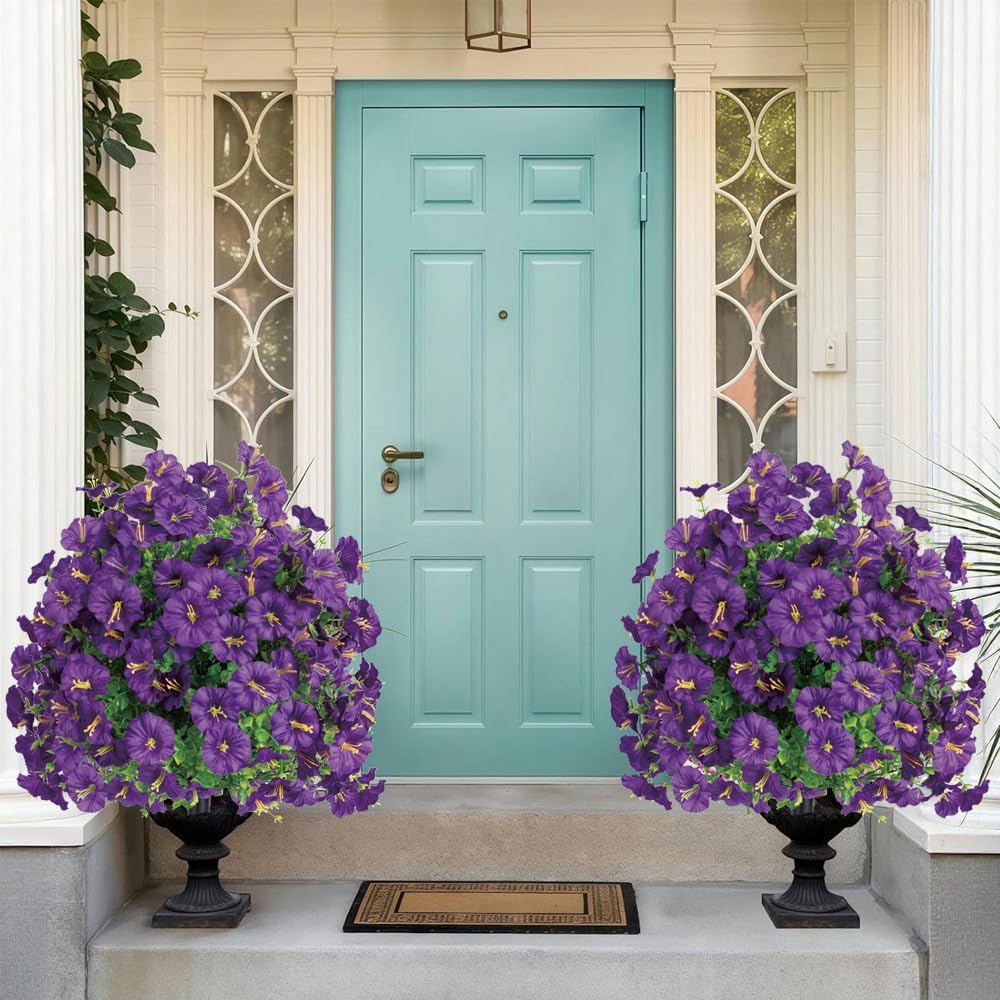 Artificial Petunia Flowers with Ground Stakes, UV Resistant Faux Floral Bushes for Outdoor Garden Decoration, Purple Pink White Yellow Rde, 2 Pack (Purple)