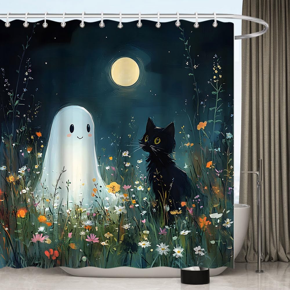 Spooky Ghost and Black Cat Halloween Shower Curtain Cute Kitty with Ghost sit Among Wildflower Full Moon Abstract Gothic Theme Bath Decor Polyester Fabric Curtains 106X70 Inch