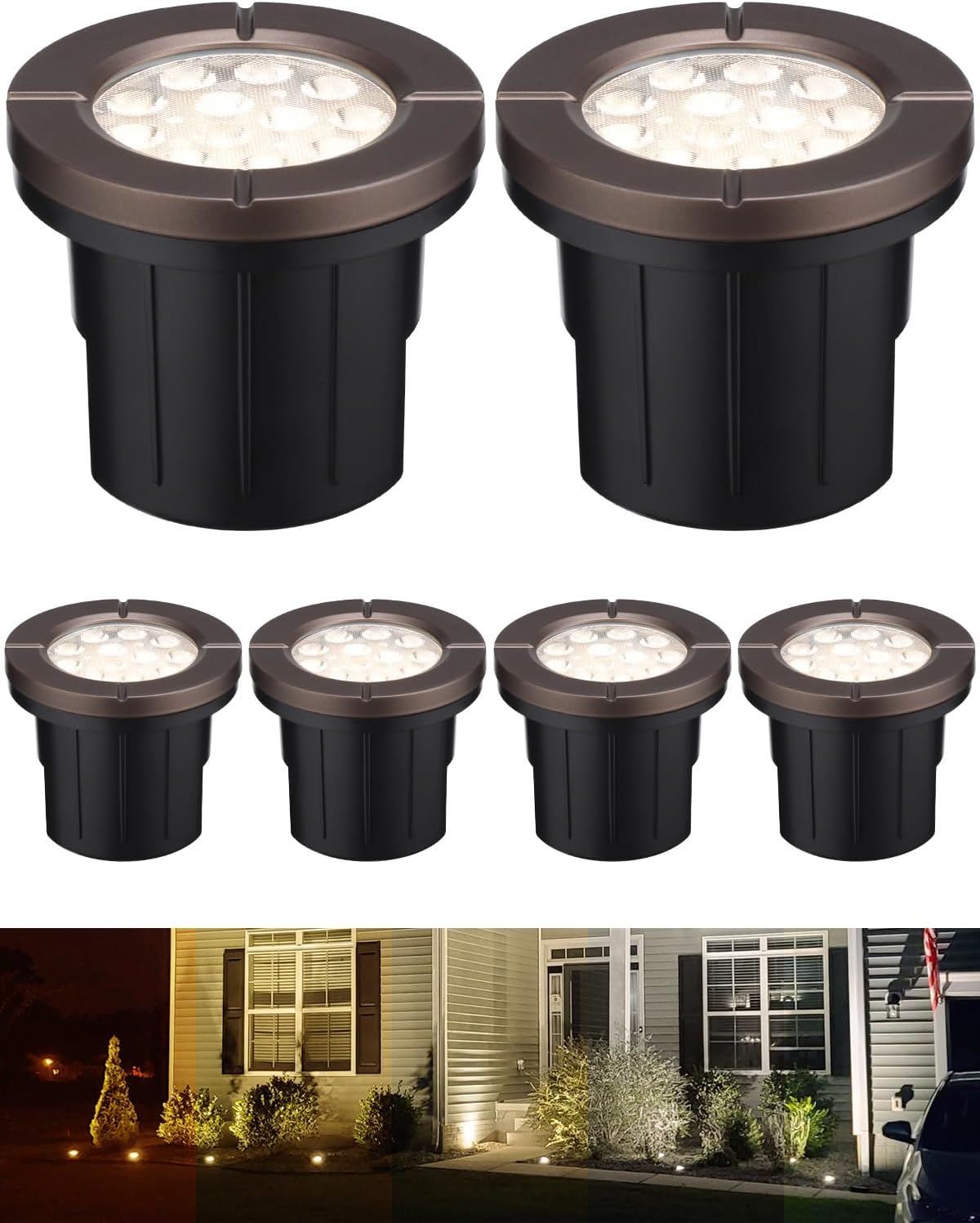 LEONLITE 6-Pack Dia. 4 Inch 5CCT Well Lights Flat Top Oil Rubbed Bronze | 1800K/2700K/3500K/4000K/5000K, 12-24V AC/DC, CRI90, Landscape LED In Ground Outdoor, Low Voltage Garden Landscaping, Aluminum