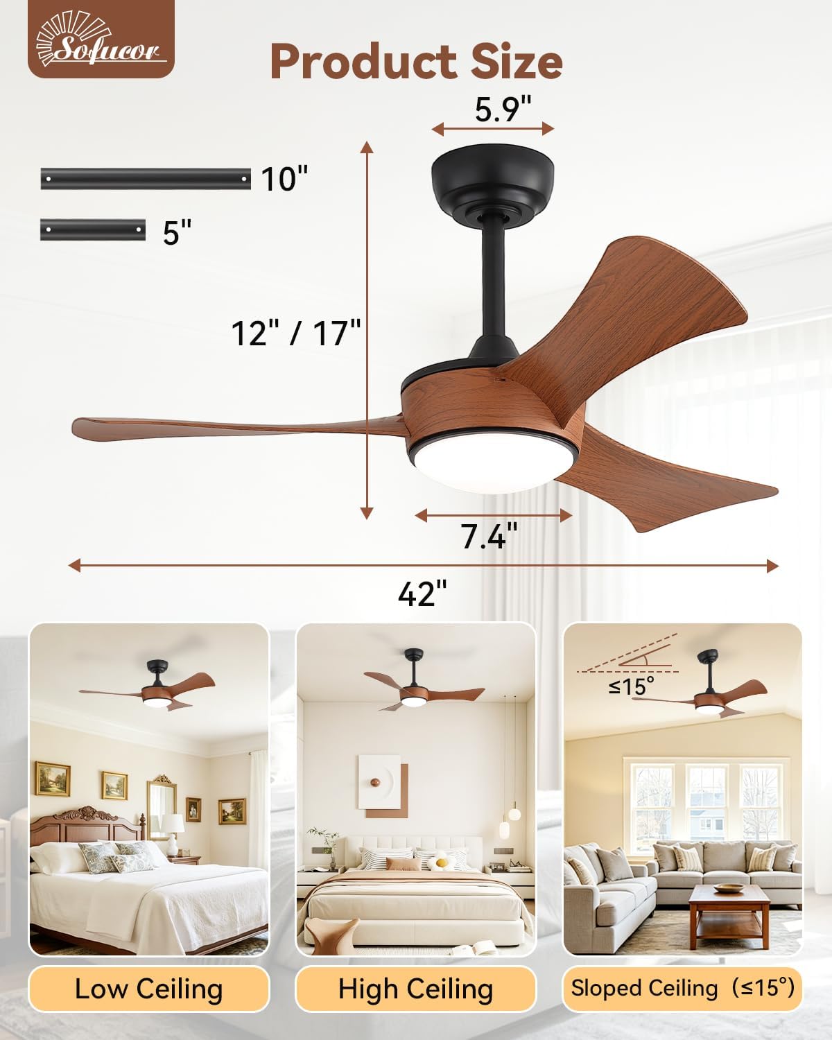 Sofucor 42 Inch Ceiling Fans with Lights-Modern Brown Small Bedroom Ceiling Fan with Remote Control, Plug-in Blades Quick Install, Quiet DC Motor,Outdoor ABS Ceiling Fan for Kitchen/Living Room/Patios