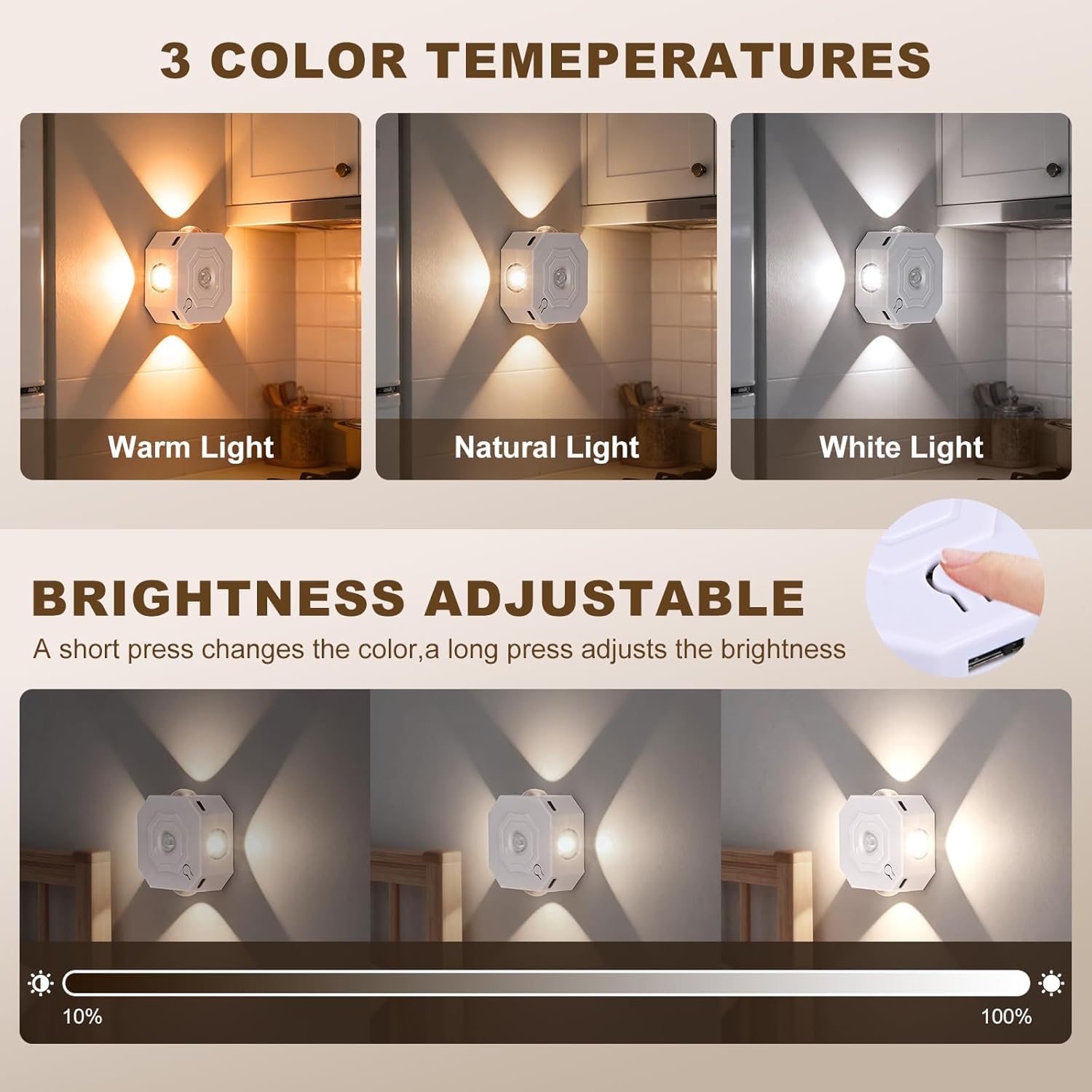 OOWOKS Luce notturna a LED ricaricabile tramite USB con sensore di movimento per interni 3 colori di luce+intensità regolabile con 3 modalità illuminazione per scale senza allacciamento elettrico