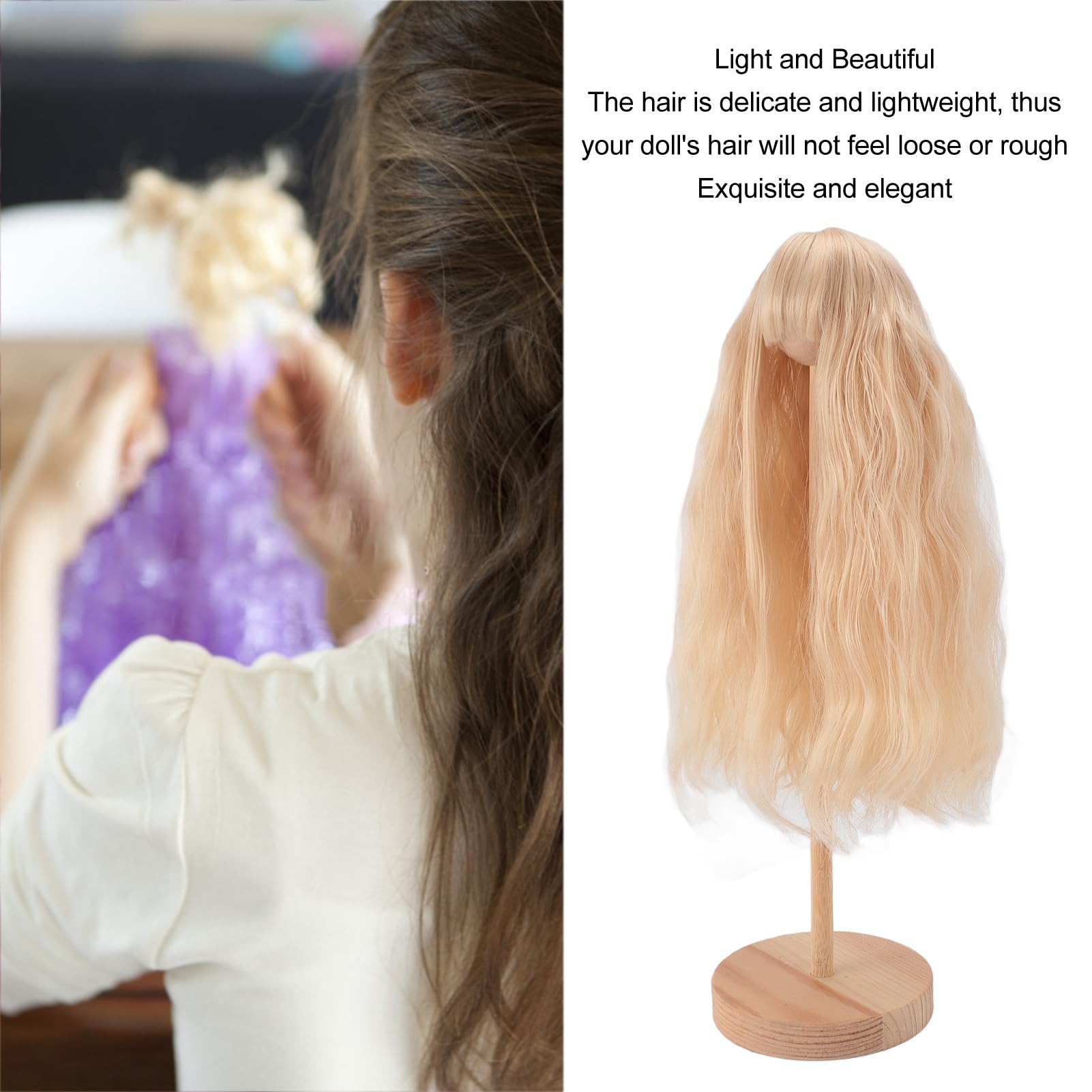 Peach Long Wavy Doll Wig with Bangs, High Temperature Fiber, 18.5-21cm Head Circumference, Lightweight, for 1/4 Ball Jointed Dolls - Image 3