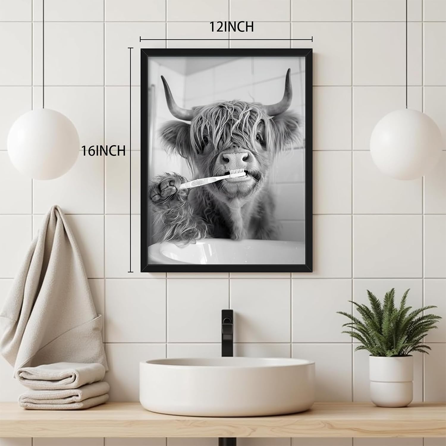 Framed Funny Highland Cow Bathroom Wall Decor, Bathroom Wall Art, Black and White Modern Farmhouse Decor, Highland Cow Brushing Teeth Canvas Pictures for Restroom – 12x16in image 3