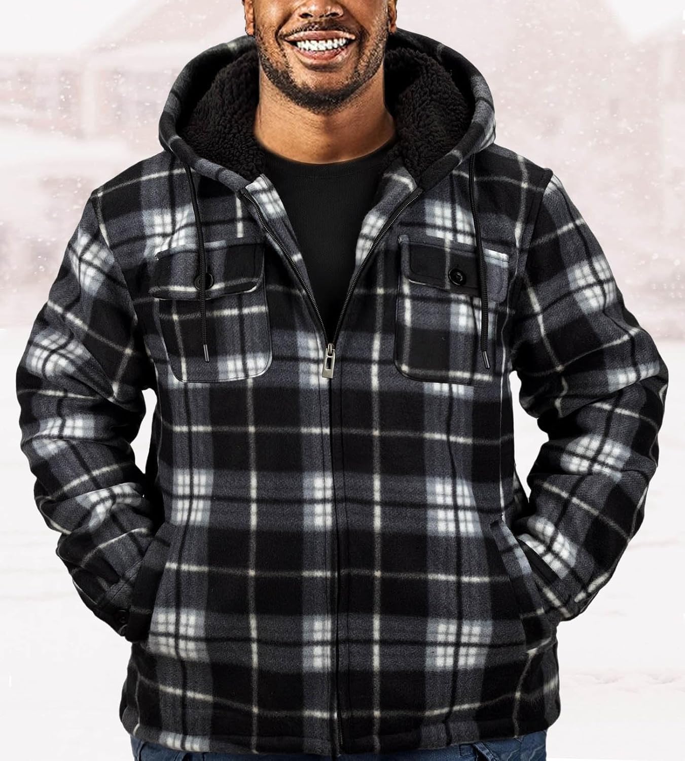 Heavyweight Hoodies for Men Zip Up Sweatshirts Plaid Flannel Sherpa Fleece Lined Winter Jacket Warm Coat - Image 3