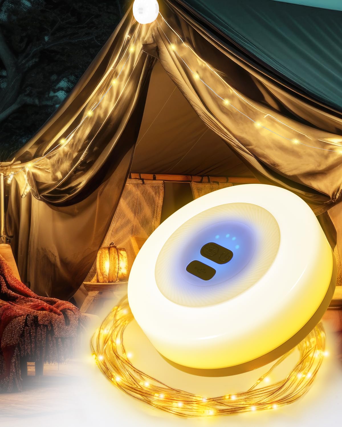 Camping String Lights Waterproof String Light, Outdoor Portable Camping Lights Rechargeable 33FT, 2 in 1 USB Portable Outdoor Stowable Fairy Lights with 3 Lighting Modes, LED Camping Light String