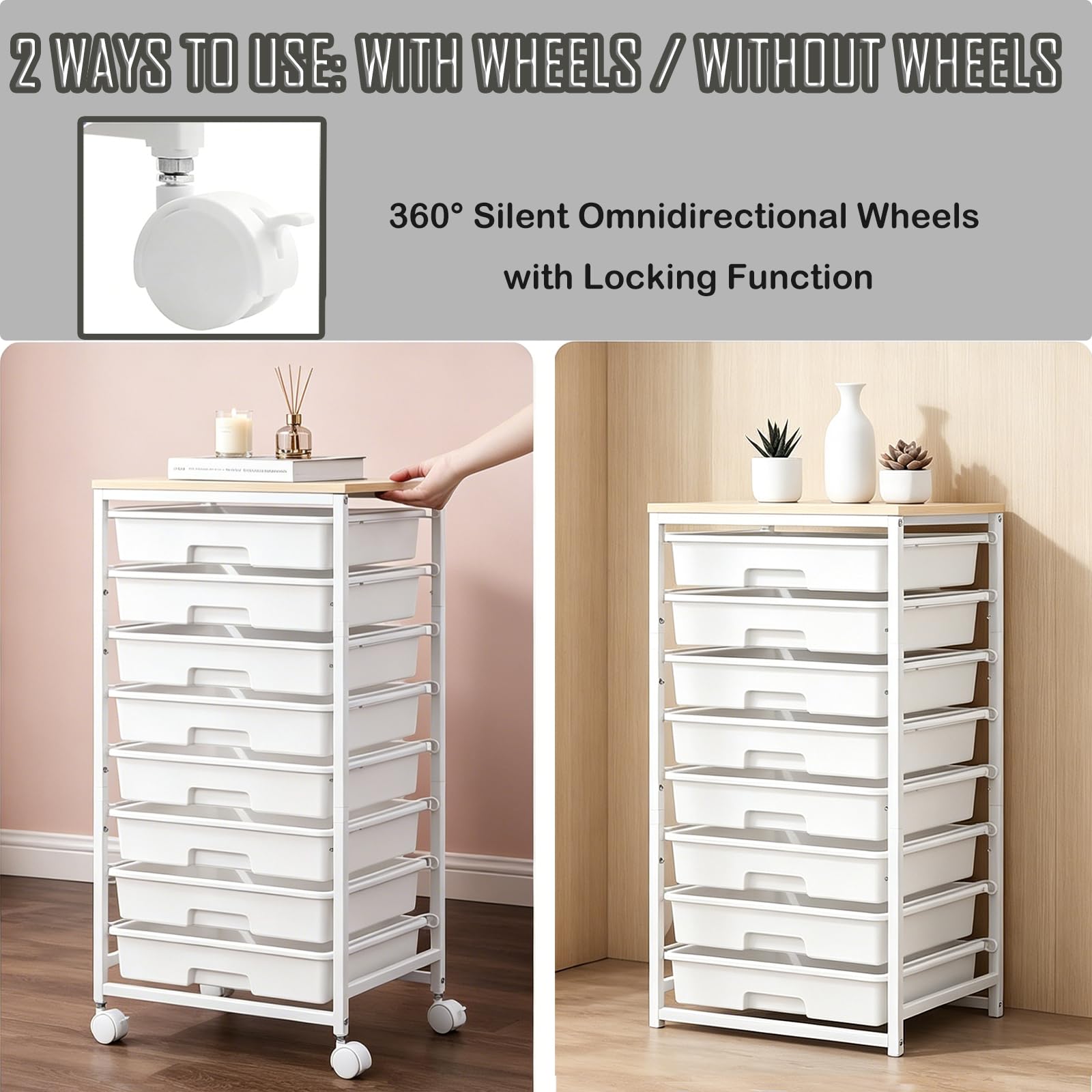 Cajonera con Ruedas de 8 Cajones, Plástico con Encimera de Madera, Mueble Almacenamiento Móvil Multiuso