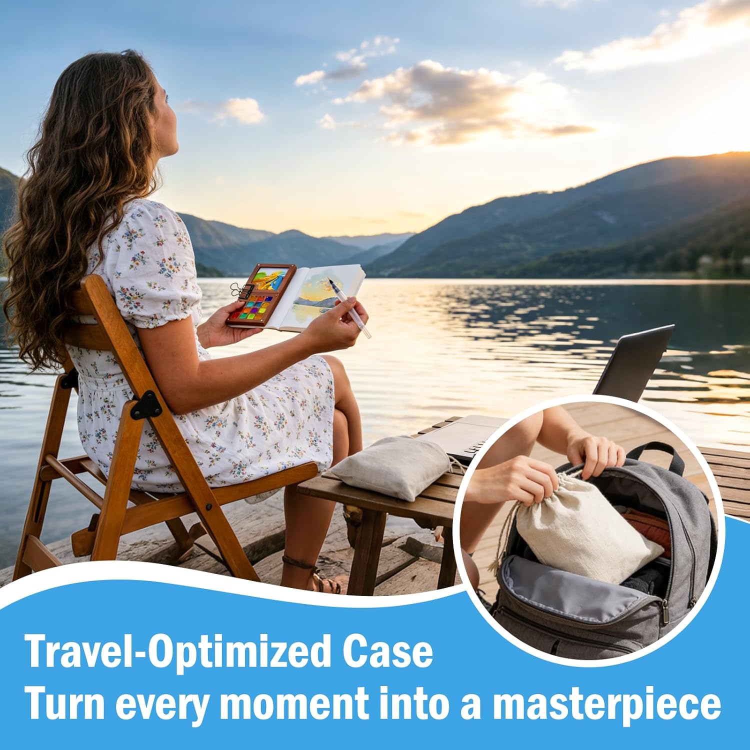 Mini Watercolor Paint Set, Walnut Wood Mini Paint Palette, 24-Colors Pocket watercolor set with Paint Brushes, Sketchbooks & Drawstring Bag, Ideal Paint Kit for Artists & Beginners - Image 6