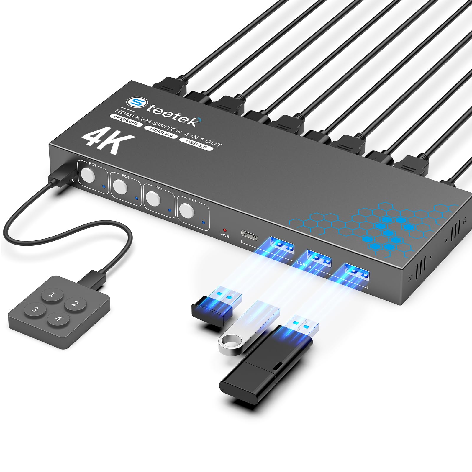 アイドル teetek HDMI KVM SWITCH 4 IN 1 OUT KVM Switch HDMI 4 Port with 4 USB3.0 Hub (3 USB-A + 1 USB-