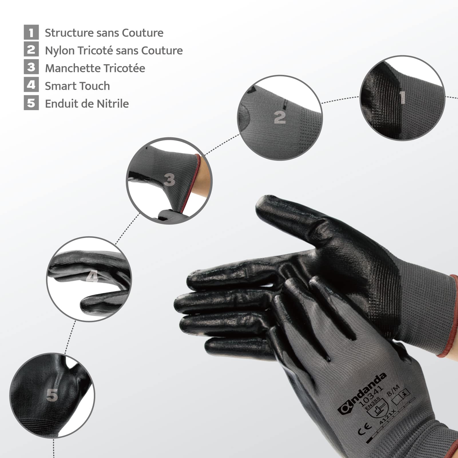ANDANDA Gants de Travail Enduit de Nitrile, 12 Paires, Provide Revêtement Antidérapant, Excellente Adhérence, Gants Protections, Ideal pour l'Entreposage, la Logistique, l'Assemblage, XL