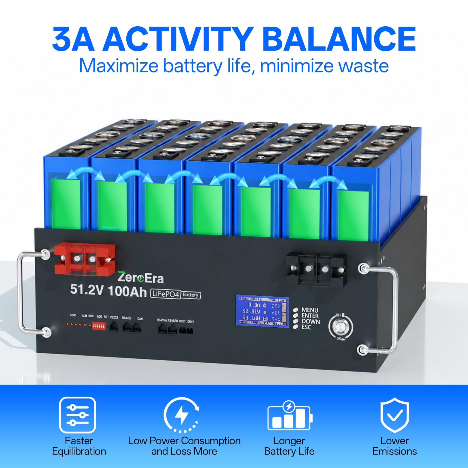 Akumulator LiFePO4 48V 100Ah,Akumulator 5,12 KWh Szafy Serwerowej 3U,BMS 100A,Inteligentny Wyświetlacz,RS485/CAN,Ponad 15000 Cykli Głębokiego Rozładowania,Obsługa Komunikacji z Falownikiem (5 * 48V)