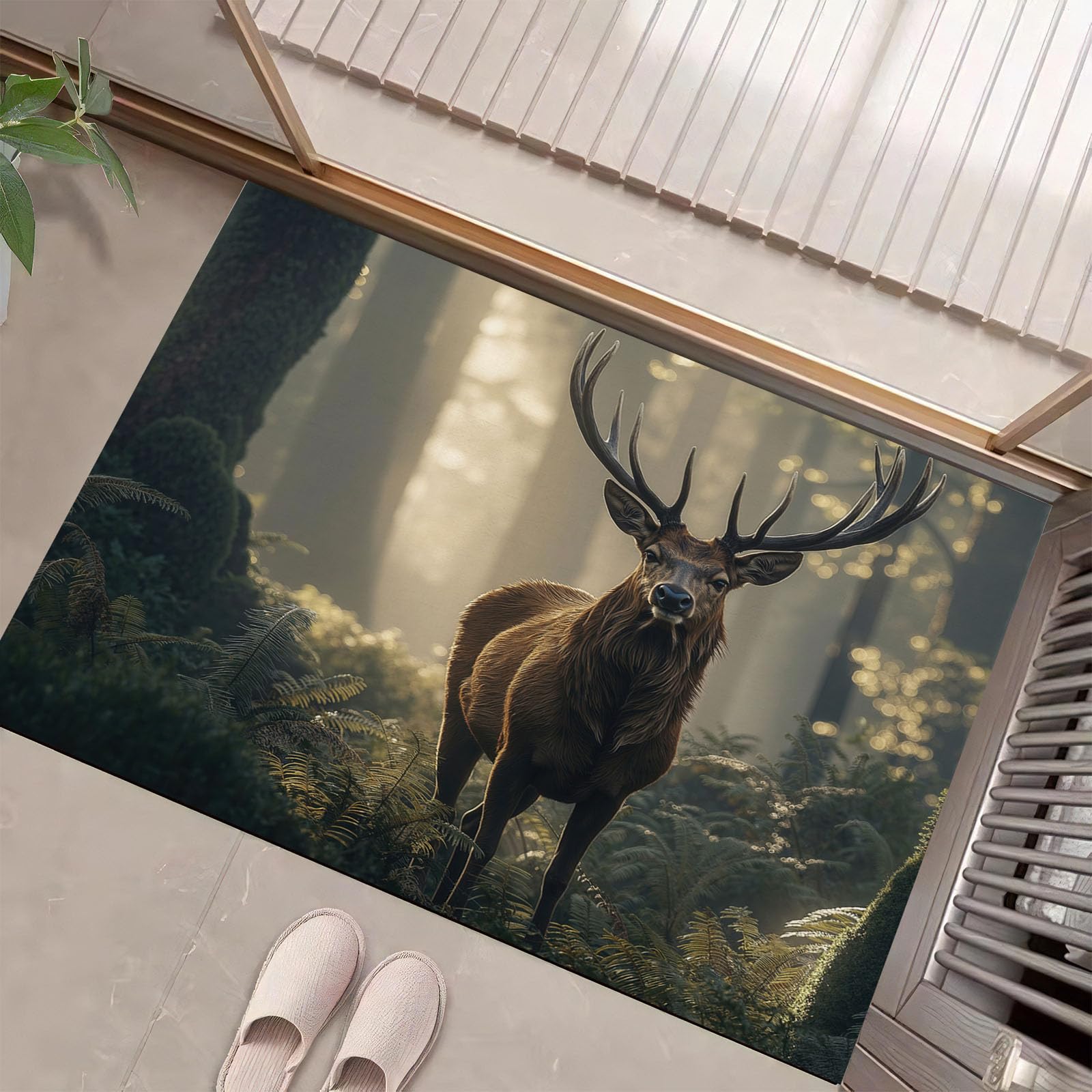 Fußmatte mit Hirsch Im Nebelwald für den Innenbereich, Nordische Waldtiere Waschbare rutschfeste Teppichmatte für Eingangsbereich, Fußabtreter Innen für Terrasse Flur, 80x120cm