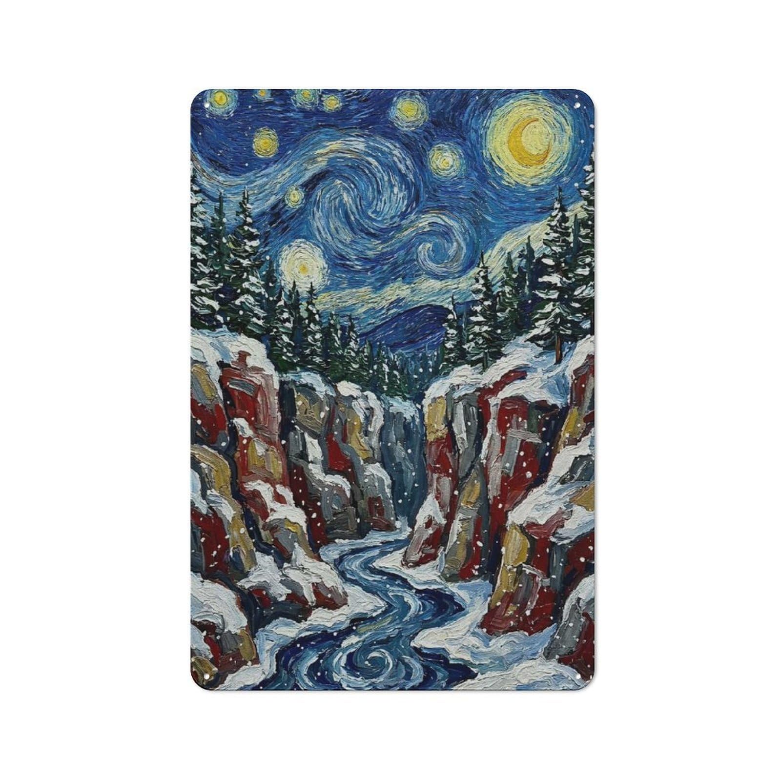 Junmoney Style-19 Tin Wall Plaque 30X20cm With Winter Canyon Starry Night Painting For Guest Room Or Hallway, A Decorative Christmas Gift For Home Decor Collectors