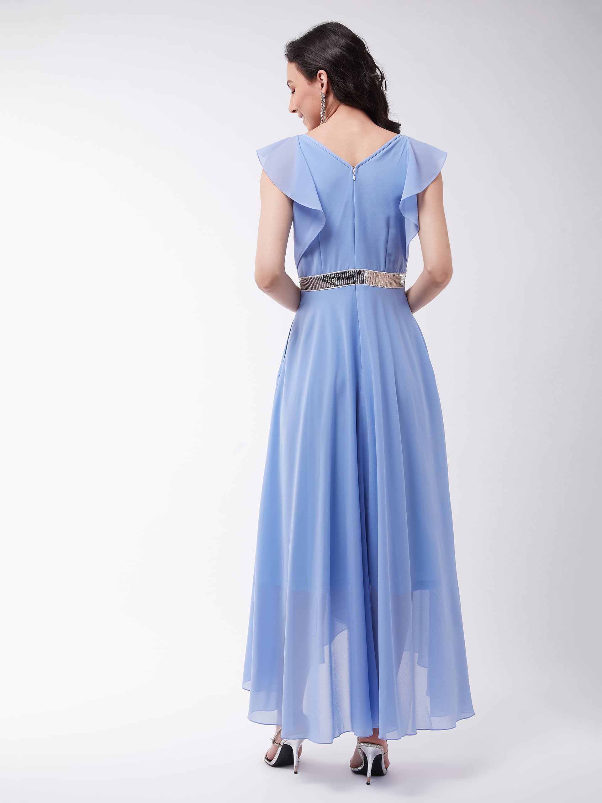 Miss Chase Women's Powder Blue V-Neck Ruffled Sleeve Solid Embellished Maxi Dress (Mcaw21D06-17-167-03,Powder Blue,S)