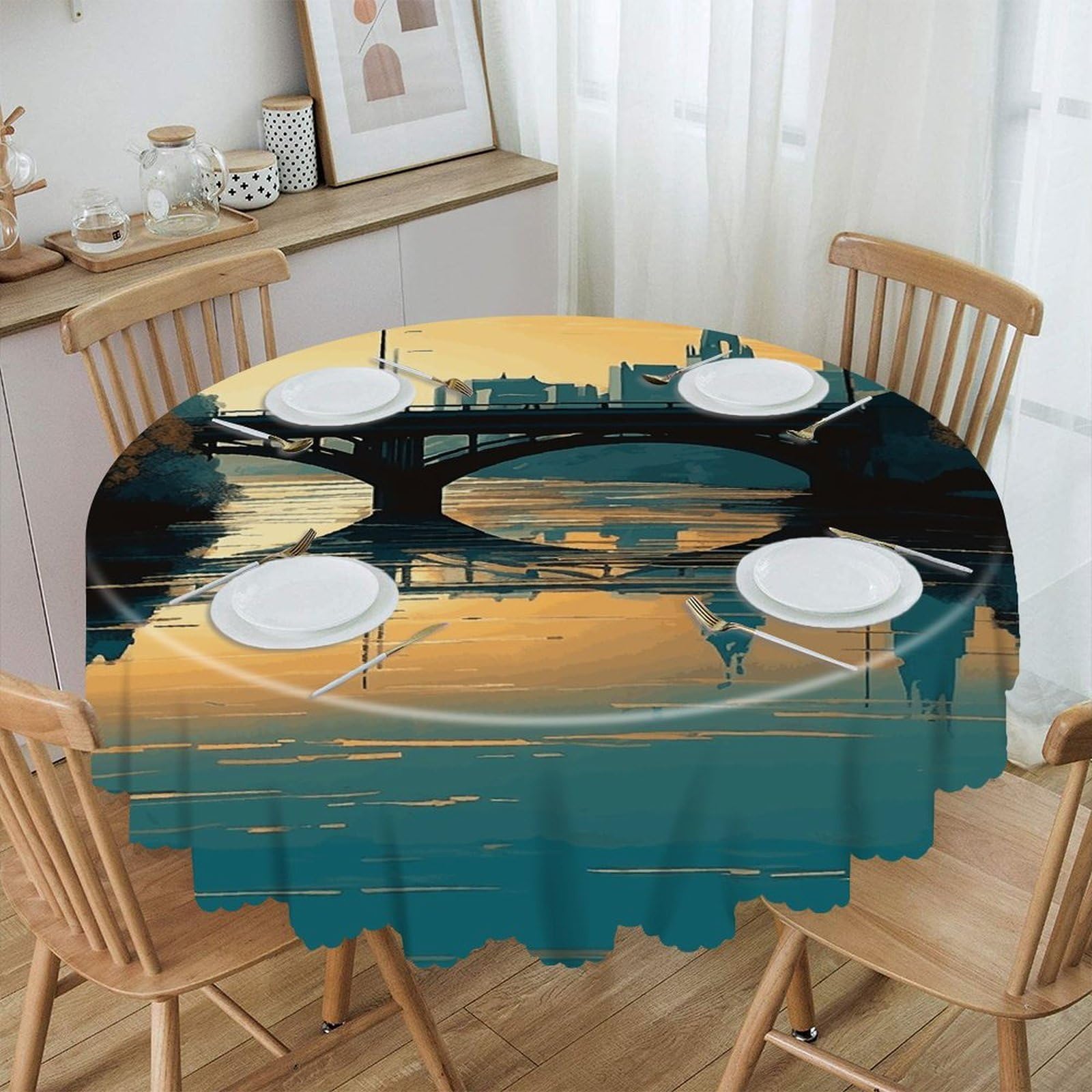 Btcowzrv Style Hand Drawn Buildings Polyester Round Tablecloth 59.84 Inch, Decorative Washable Table Cover, Table Cloth For Restaurant Picnic Indoor And Outdoor Dining