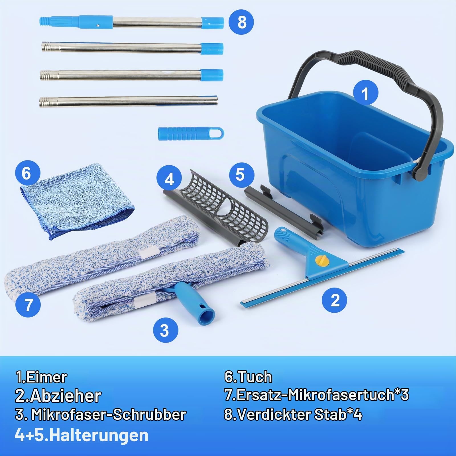 Fensterreiniger Set, Profi Fensterputzer mit Eimer 12L, Fensterwischer 35CM, Fenster Einwascher 35CM, Mikrofasertuch & Glastuch, Fensterreinigungsset für Haus, Fenster, Glas, Auto, Camper