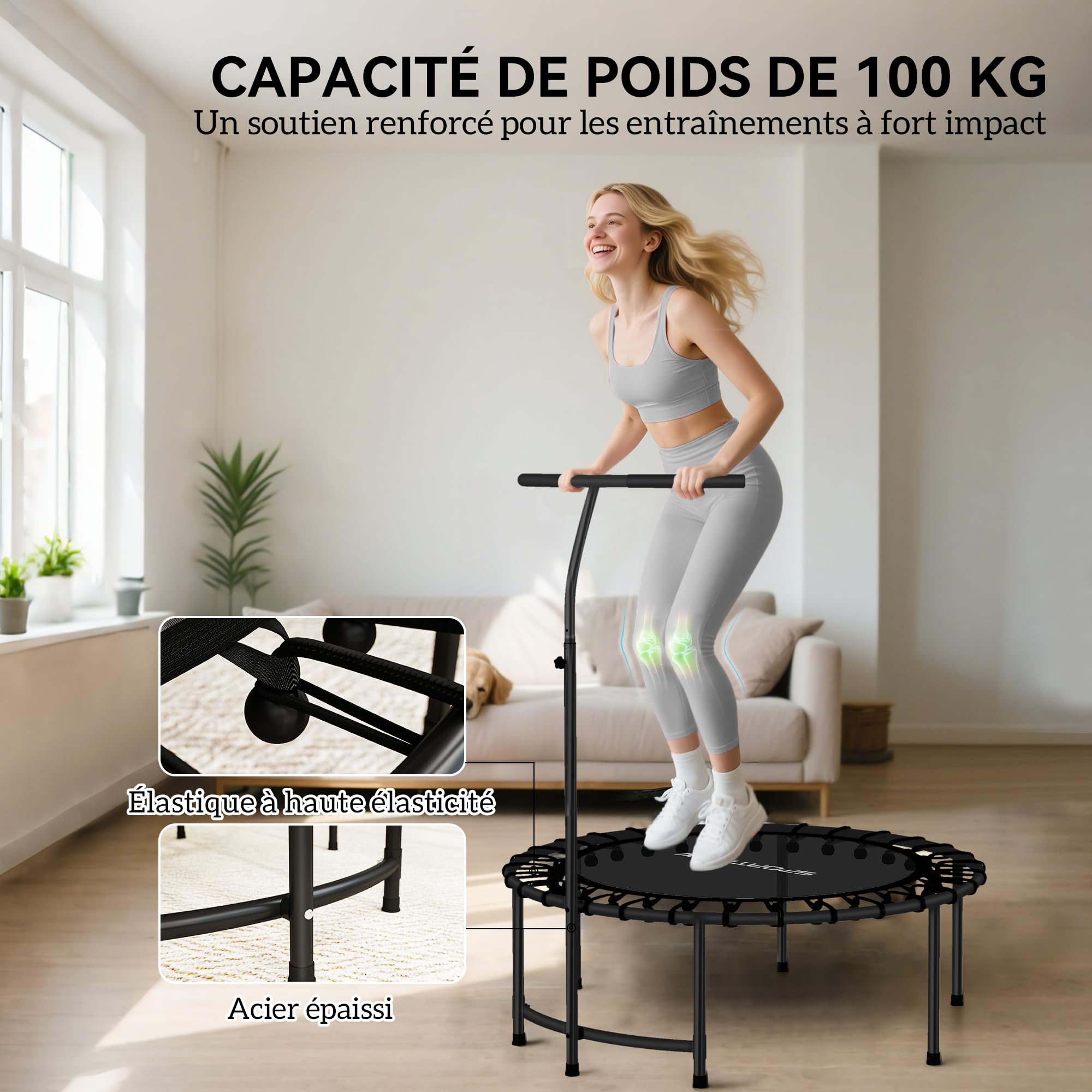 SPORTNOW Trampoline de Fitness 102 cm, Cordes Élastiques, Poignée Réglable 5 Positions, Capacité 100 kg, Cadre en Acier, Trampoline d'exercice pour Gymnastique, Entraînement, Noir