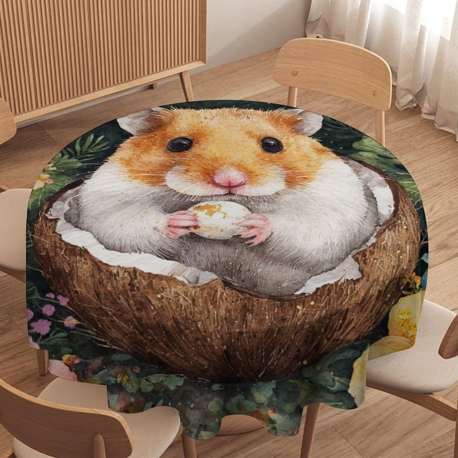 LUYYSKY Colorful Watercolor Cute Hamster Round Tablecloth Beautiful Comic Palm Leaves Animals Hamster Floral Washable Decor for Table Cover for Kitchen-127 Wx127 L cm