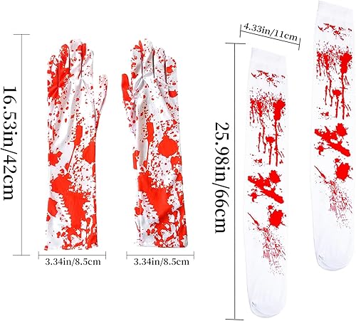 Miniatura 5 de Famiredo Calcetines altos y guantes para disfraz de Halloween, 1 par de guantes manchados de sangre y 1 par de calcetines manchados de sangre para