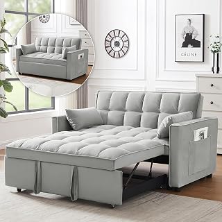3 In 1 Velvet Convertible Sofa Bed, Pull Out Couch Bed with Reclining Backrest And 2 Pillows, 54" Full Size Loveseat Sleeper Sofa Futon Couch Beds, Couches For Small Spaces, Living Room (Silver Grey)