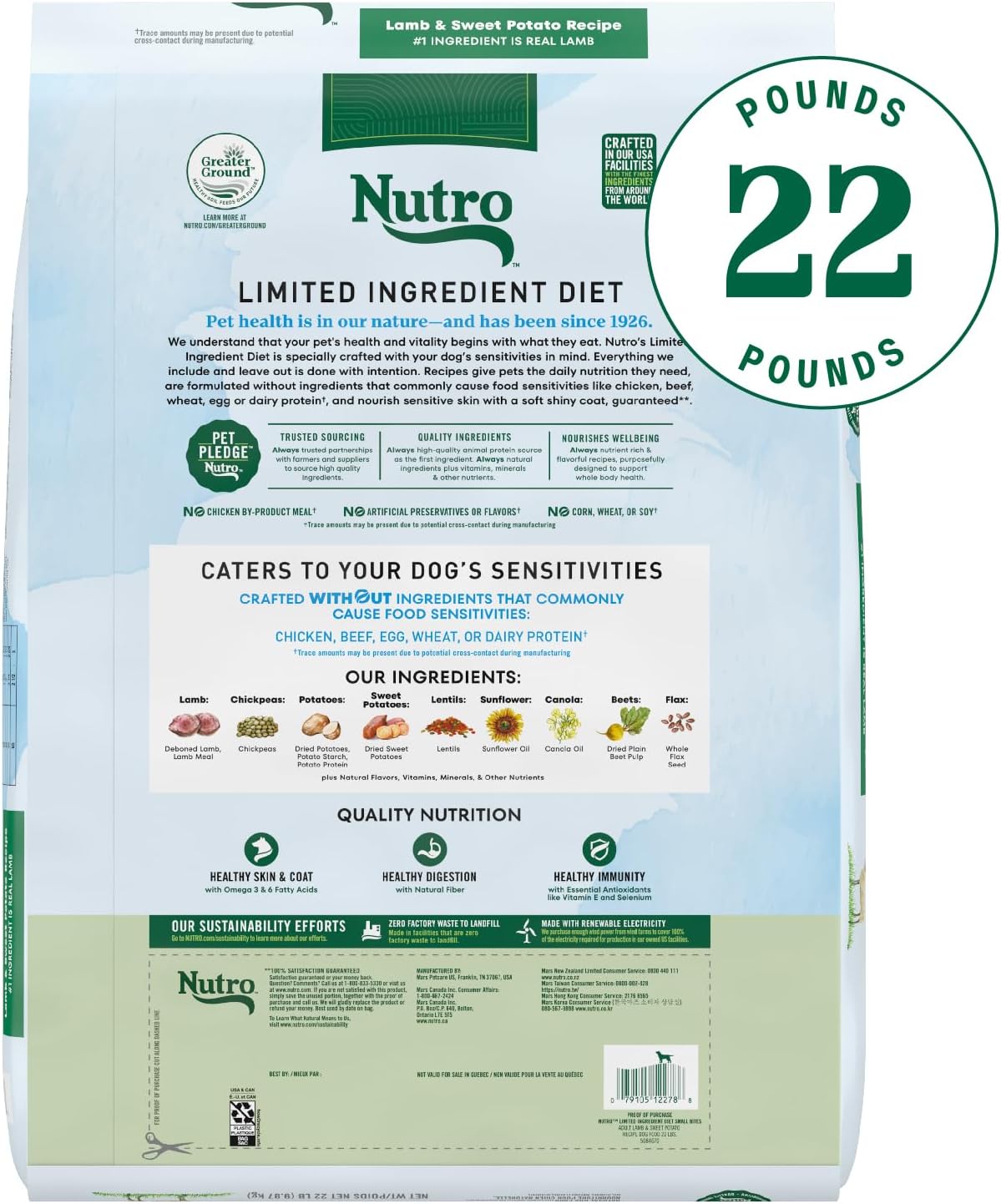 Nutro Limited Ingredient Diet Small Bites Adult Dry Dog Food, Grain Free Dog Food Dry Lamb & Sweet Potato Kibble, 22 lb. Bag