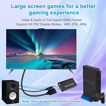 PS2 to HDMI Converter Adapter, HDMI Cable for PlayStation 2 Console, Audio Video Converter for HDTV HDMI Monitor, Plug and Play with 3.5mm Audio Output and USB Power Cable
