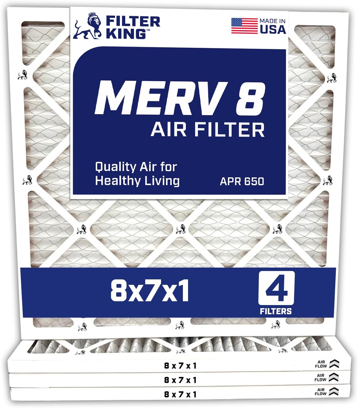 Filter King 8x7x1 Air Filter | 4-PACK | MERV 8 HVAC Pleated A/C Furnace Filters | MADE IN USA | Actual Size: 8 x 7 x .75"