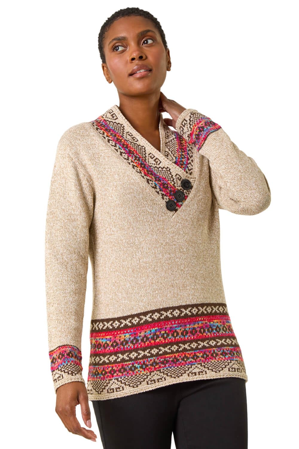 Roman Originals Camel Jumper For Women Uk - Ladies Button Detail Embellished Tunic Sweater V-Neck Overlap Autumn Winter Smart Office Work Wear Casual Warm Cosy Pullover Day - - Size 20
