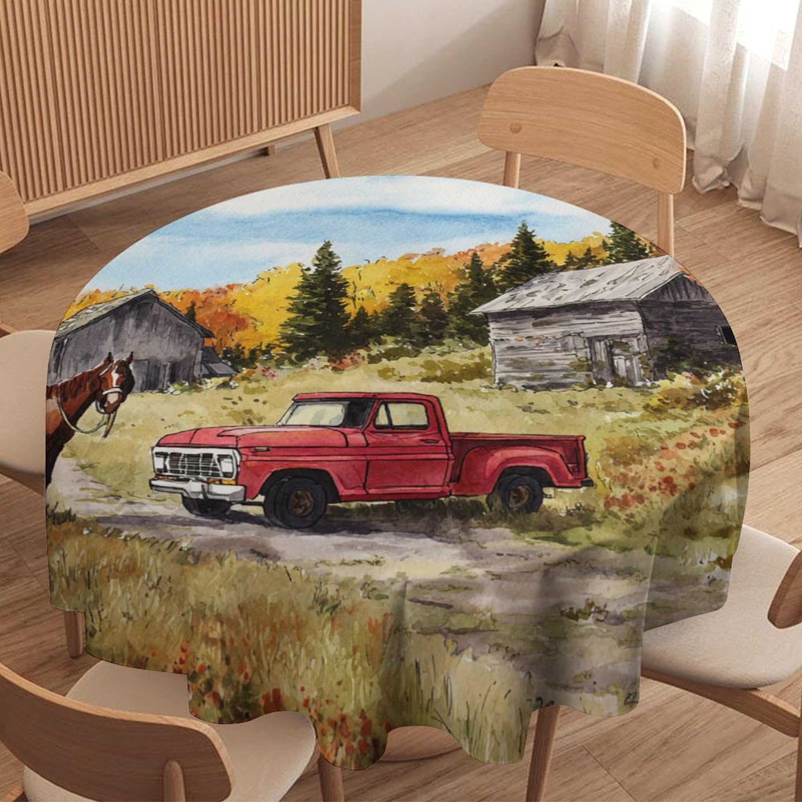 LUYYSKY Beautiful Colorful Red Truck Waterproof Round Tablecloth Rustic Realistic Autumn Woodland Log Cabin Animals Horses Print Washable Table Cover for Kitchen-127 Wx127 L cm
