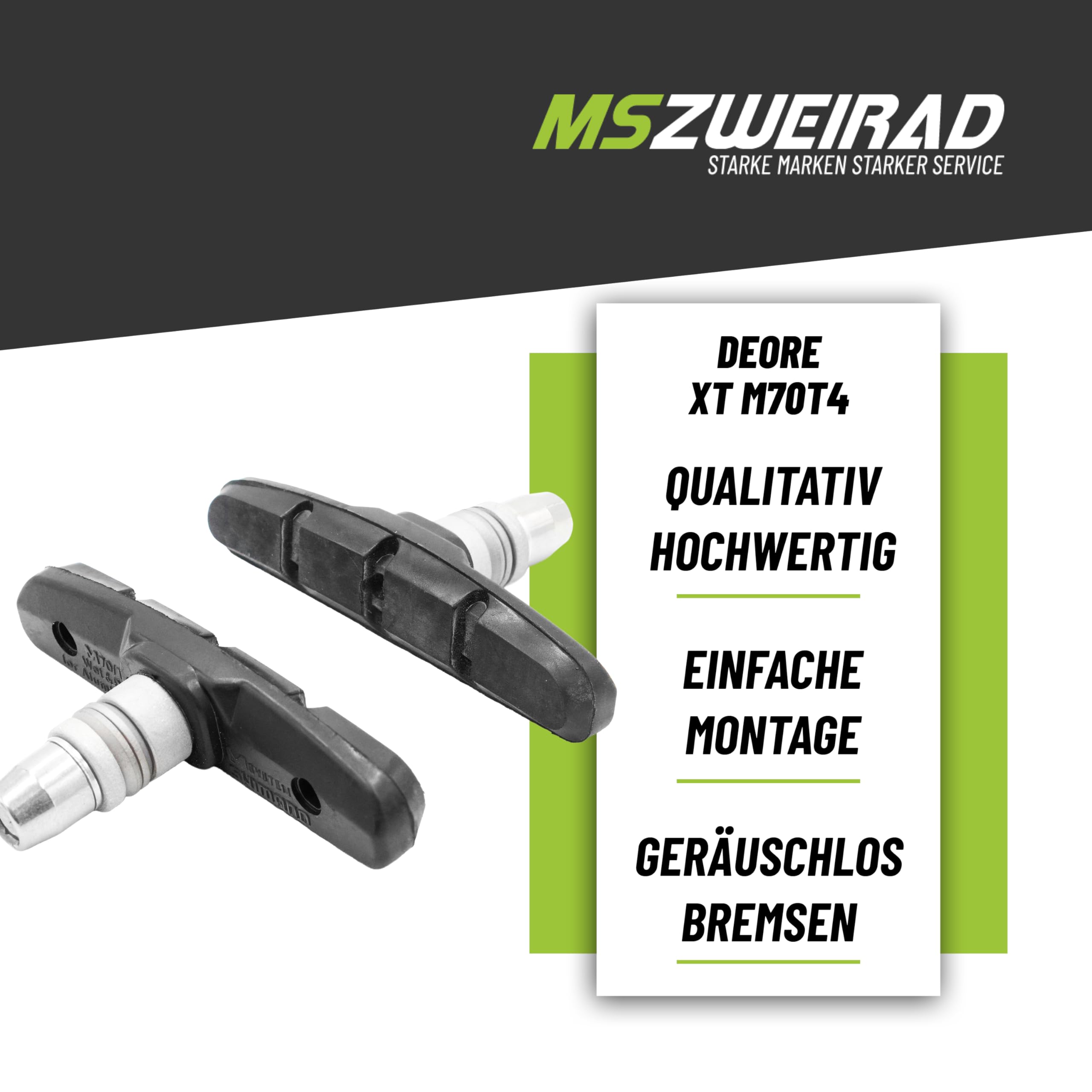 Shimano 2 Paar Bremsbeläge V-Brake Deore XT M70T4 - Fahrrad Bremsklötze | Bremsschuh Set für MTB, Rennrad & Citybike - 70mm Felgenbremsbelag für Alufelgen - Kompatibel mit Alivio, Deore, LX & XT