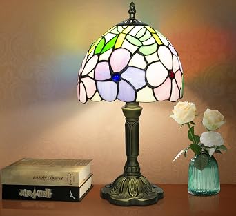 Tiffany Style Table Lamp, 3 Color Temperatures Bedside Lamp, 8 Inch Stained Glass Desk Light for Home Office Bedroom Living Room 4 Flower Pattern