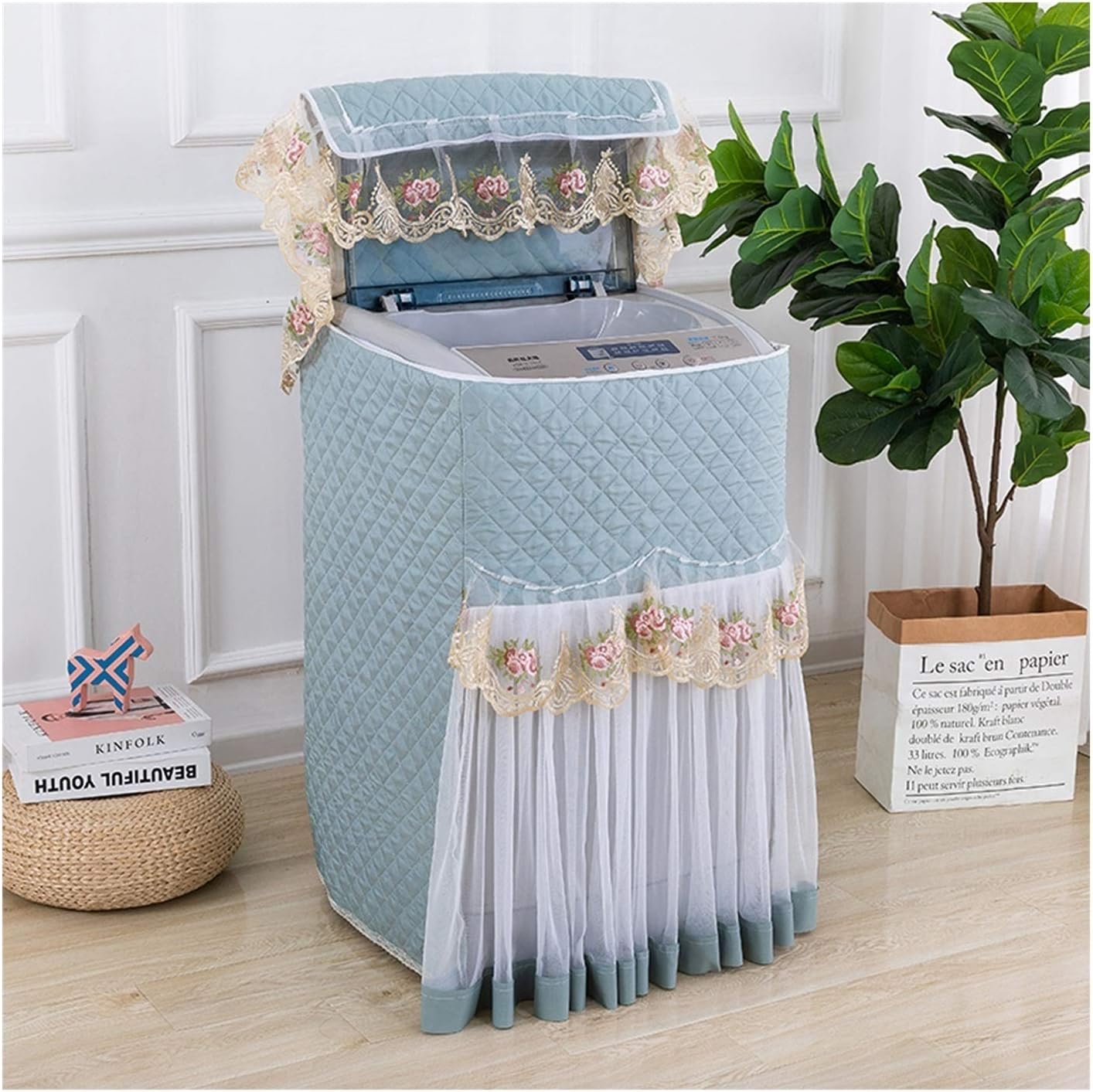 Appliance Dust Cover Lace Fabric Washing Machine Cover，Washing Machine Cover Top Load Waterproof Washing Machine Dustproof Cover for Easy Use Dust Cover for Home Appliances(B)