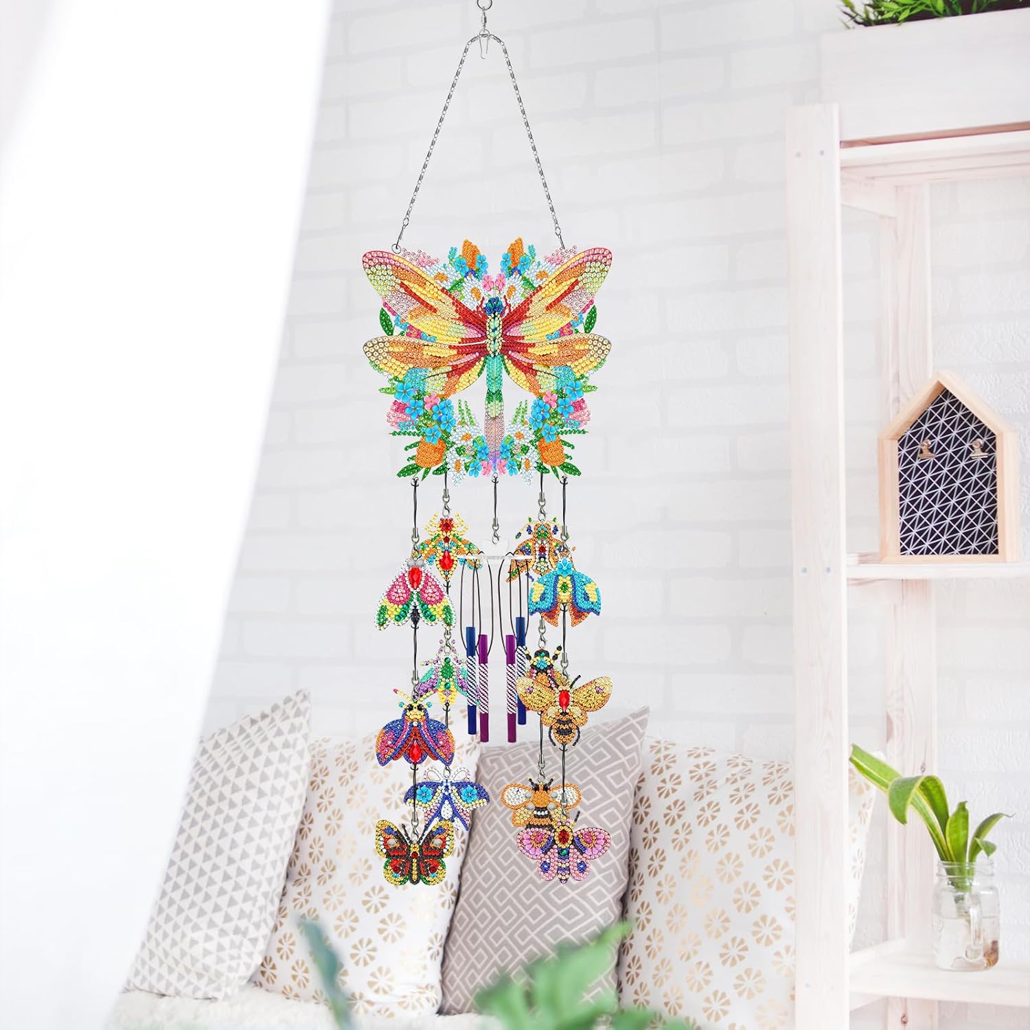 DIY 5D Diamond Painting Wind Chimes Kits for Adults Double Sided Dragonfly Diamond Art and 12Pcs Butterfly Hanging Ornaments Windchimes Pendant for Home Indoor Outdoor Window Wall Decor