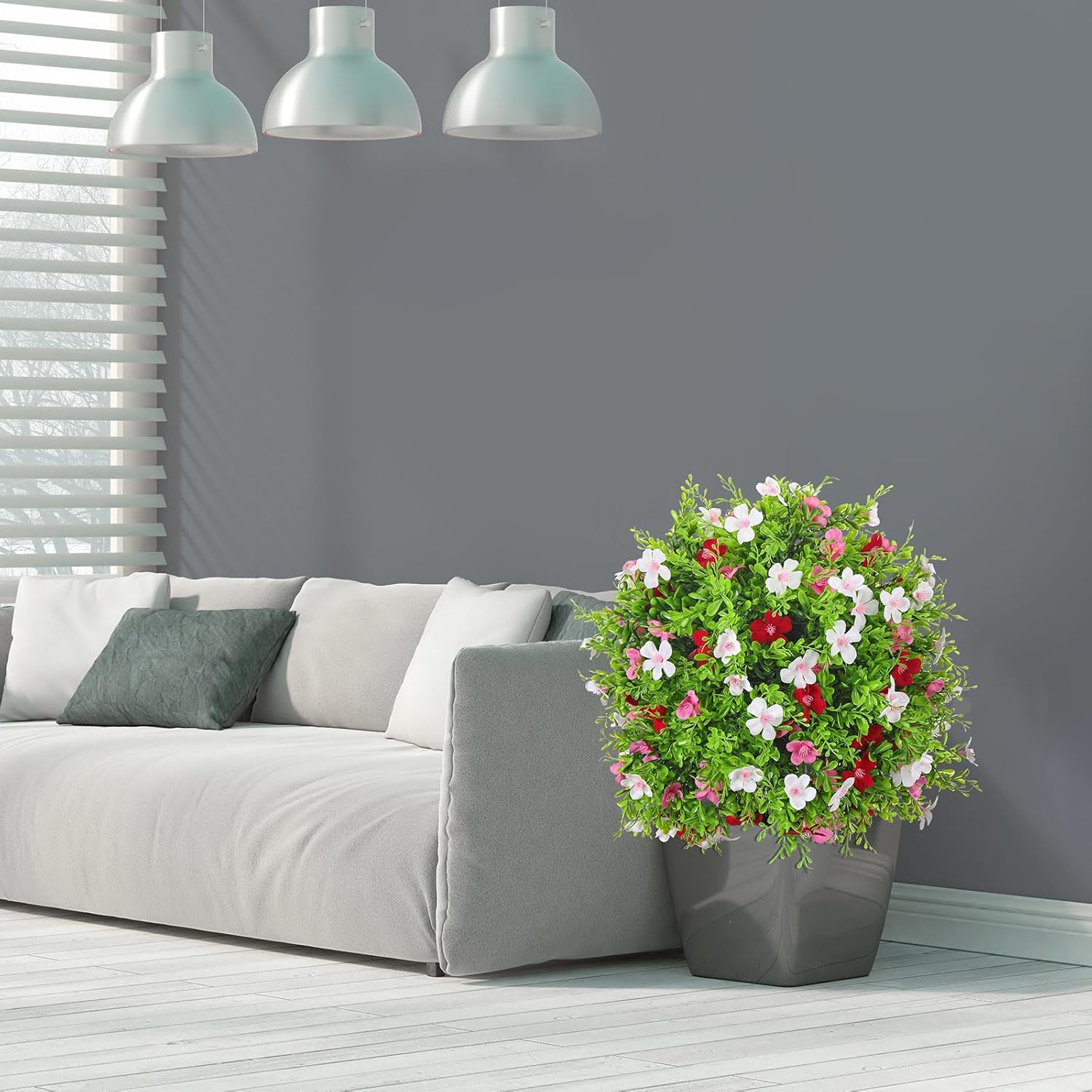 2 Pack 21.6'' Spring Artificial Topiary Ball Trees with Flowers Fall UV Protected Outdoor Faux Potted Plants with Cement Pot Faux Greenery Shrubs for Garden(Red White Pink,Begonia Flower Tree)