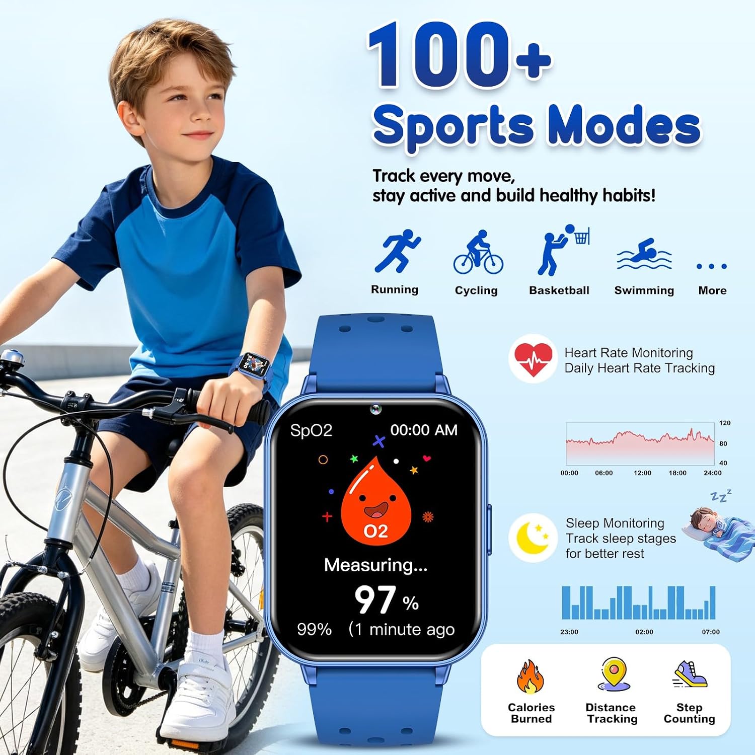MOFGDNI Smart Watch for Kids, 1.83" Fitness Tracker with Heart Rate, Sleep Tracking, IP68 Waterproof, AI Voice, Calling, Camera, Games, Dual Bands, Gift for Girls and Boys Ages 5-16 image 3