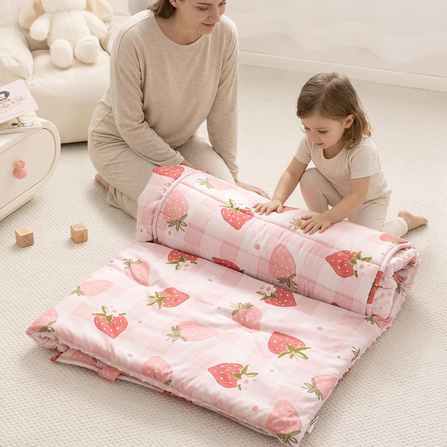 david's kids Minky Toddler Nap Mat with Pillow and Minky Fleece Blanket, Ultra Soft Slumber Bags for Kids, Perfect for Preschool, Daycare, Kids Sleeping Bags with Rollup Design, 50"x20", Strawberry