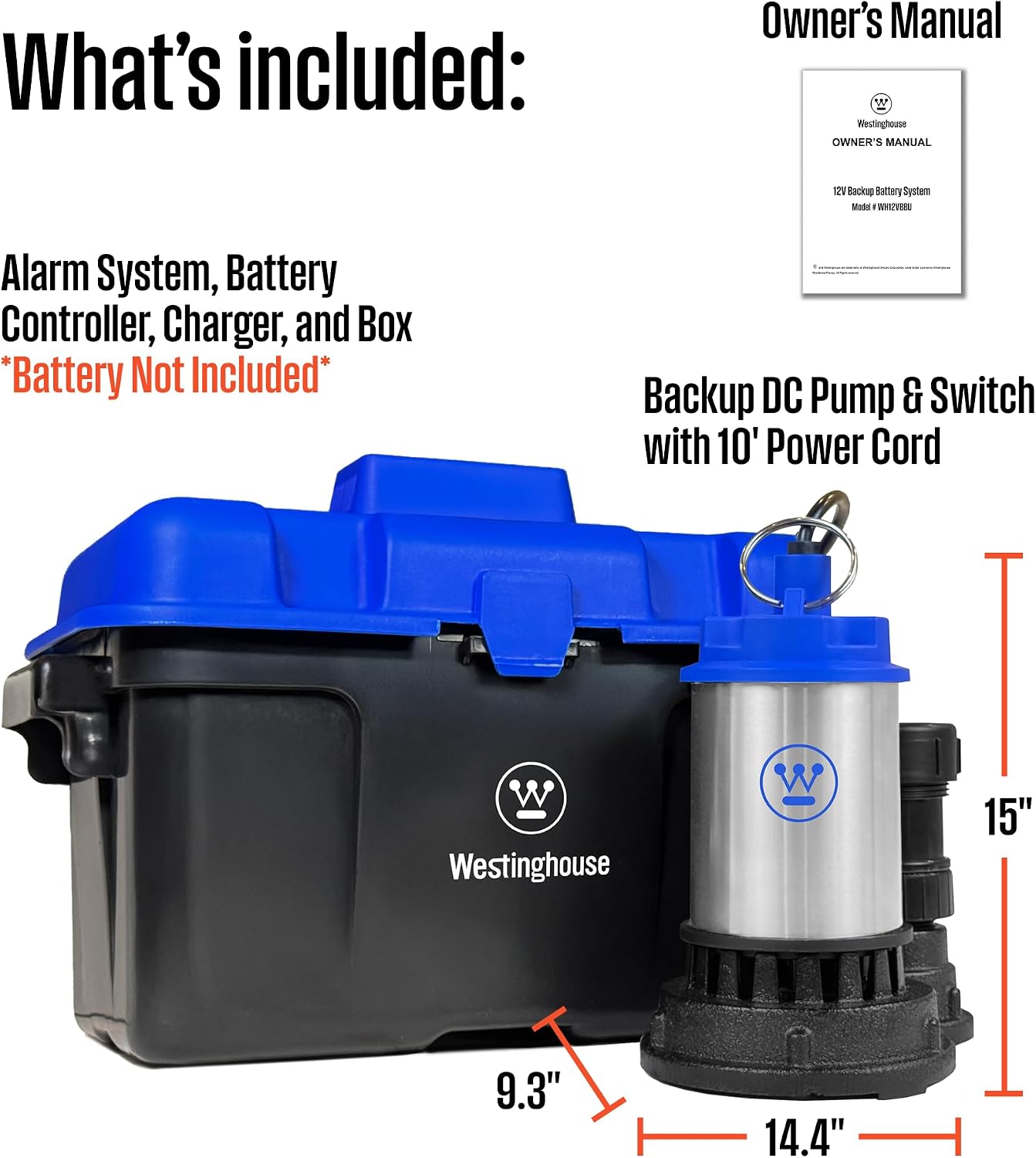 Westinghouse Battery Backup Sump Pump – 12V Submersible Basement Sump Pump with Automatic Backup Protection, 2,700 GPH, Heavy Duty Flood Pump (Battery Not Included)