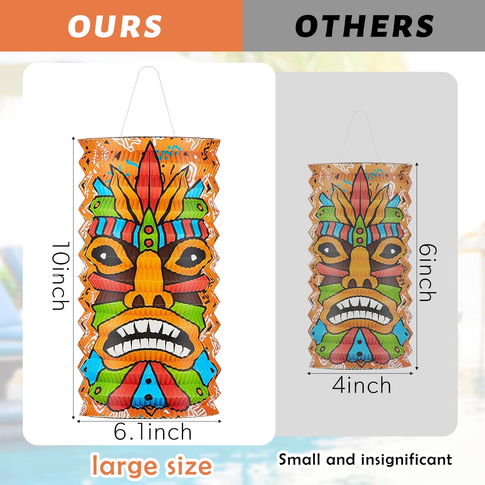 Mudder 6 Pieces 10 Inch Hawaii Party Decorations Paper Tiki Lanterns Luau Tropical Hanging Supplies Lanterns for Birthday Outdoor Summer Jungle Party Decorations Hawaii Bar Supplies