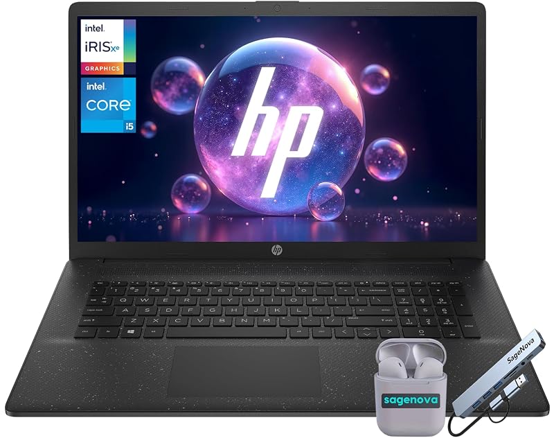 Laptop HP de 17.3" para negocios, pantalla HD+, procesador Intel Core i5 de 10 núcleos, Windows 11 Home, 64GB RAM, 2TB SSD, obturador de privacidad para cámara, incluye audífonos SageNova y estación de acoplamiento, color Jet Black