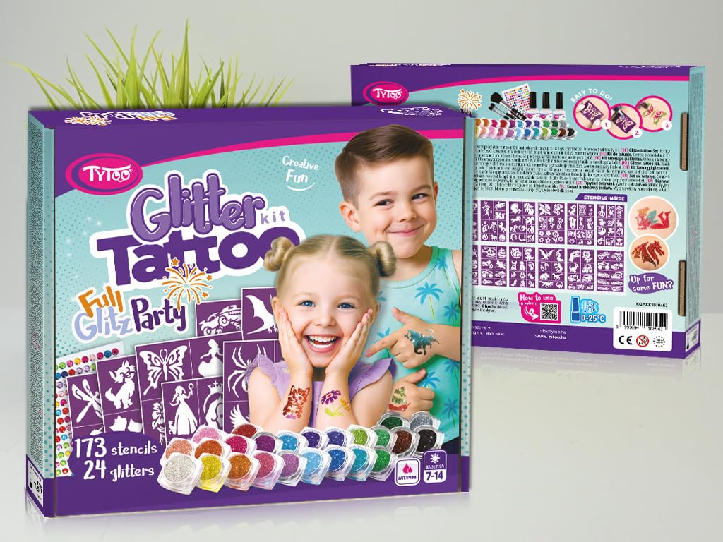 TyToo GlitzParty zestaw brokatowych tatuaży dla dzieci, szablony i kolory brokatu, przyjazny dla skóry, wodoodporny, testowany dermatologicznie, zestaw do makijażu na urodziny i imprezę rodzinną (Full